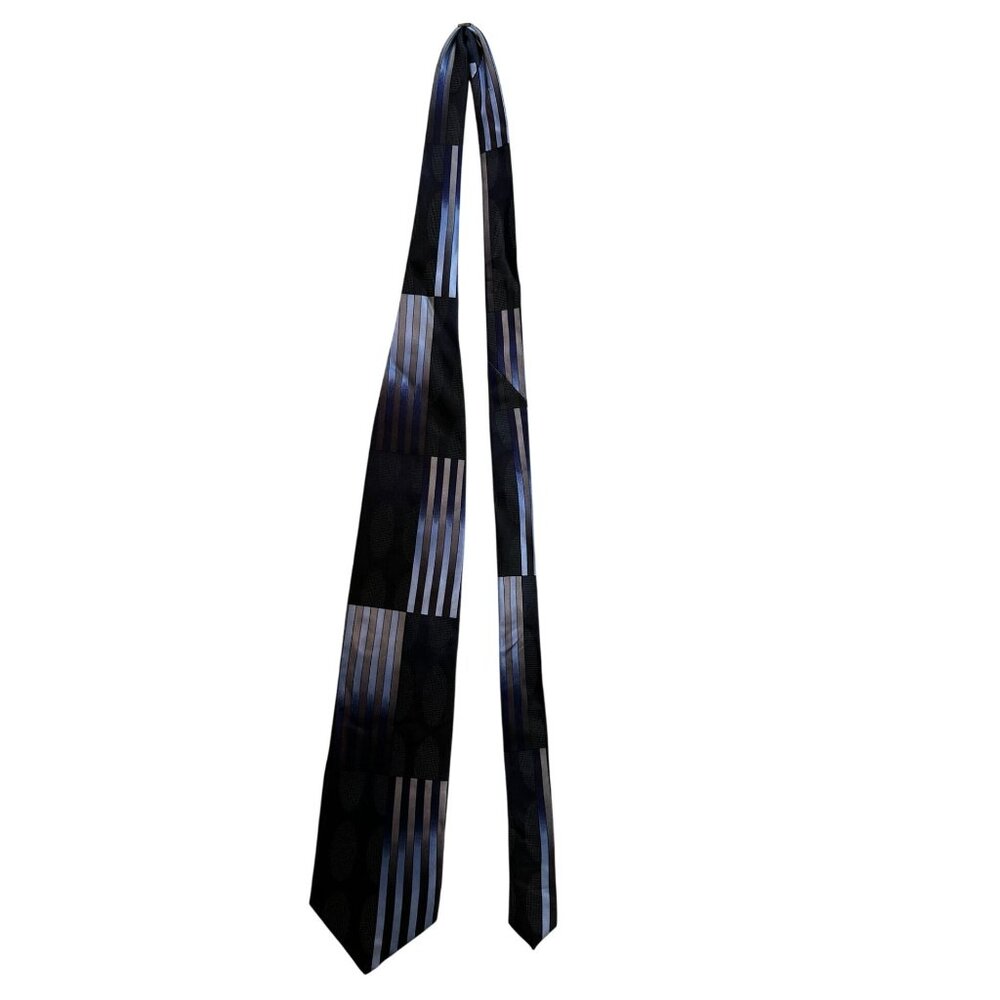 Ottimo Uomo Mens Geometric Striped 100% Silk Neck Tie Black Blue Classic